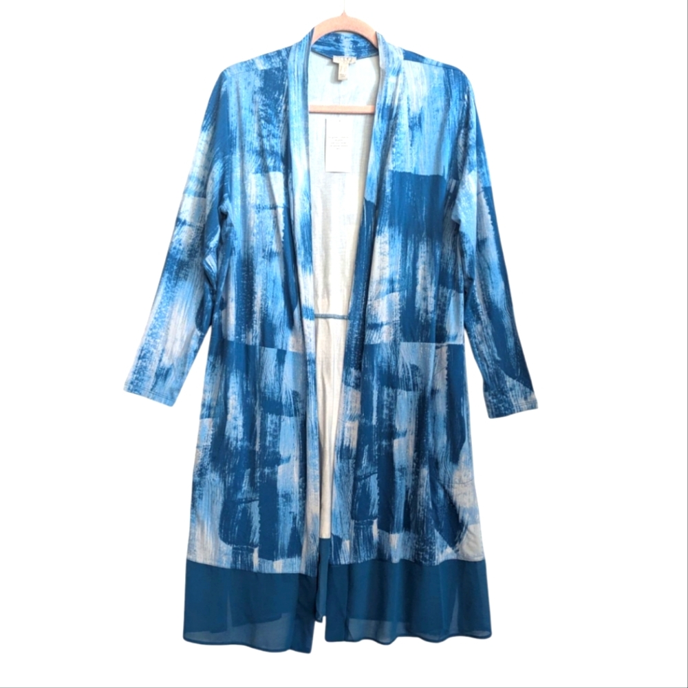 Logo by Lori Goldstein Leticia Abstract Blue Duster Cardigan Petite Size LP NWT
